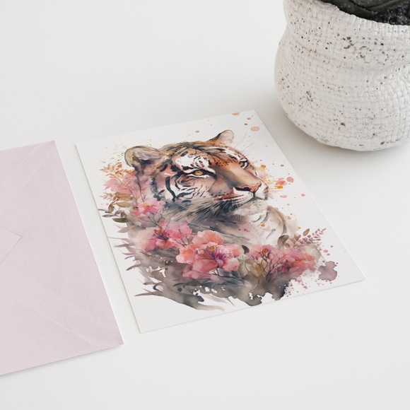 Floral Tiger Watercolor Wall Art Illustration Print Poster Card Unframed - Picture 6 of 6